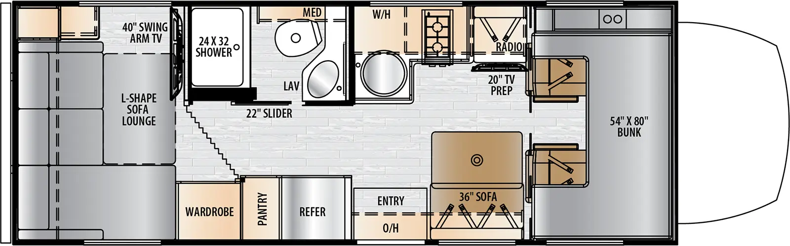 The 24RL has no slide outs and 1 entry door. Interior layout from front to back includes: a front over the cab 54 x 80 inch bunk; off-door side kitchen with L-shaped countertop, circular sink, stovetop, radio, single seat and 20 inch TV prep; door side 36 inch sofa forward of the entry door; overhead cabinet over entry door and sofa; door side refrigerator and pantry; off-door side bathroom with 24 x 32 inch shower, toilet, single sink and medicine cabinet; rear L-shaped sofa lounge with 40 inch swing arm TV and off-door side wardrobe.